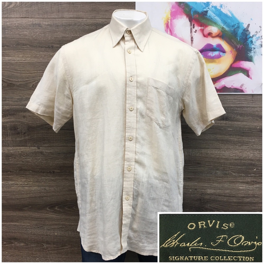 Orvis Signature Collection Mens‎ Large 100% Linen Short Sleeve Button Down Cream